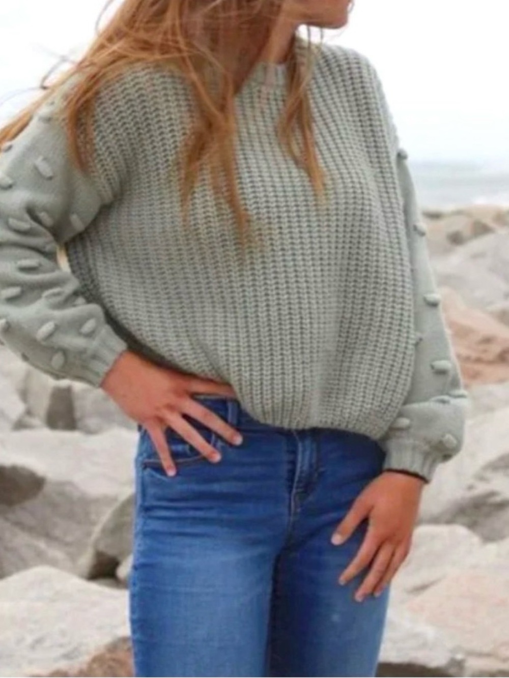 moon & madison Sage Green Bubble Sleeve Crop Crewneck Sweater